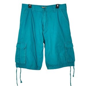 NORTH 15 Long‎ Cargo Shorts Mens Size 34 Teal Aqua Drawstring Hem Pockets Cotton